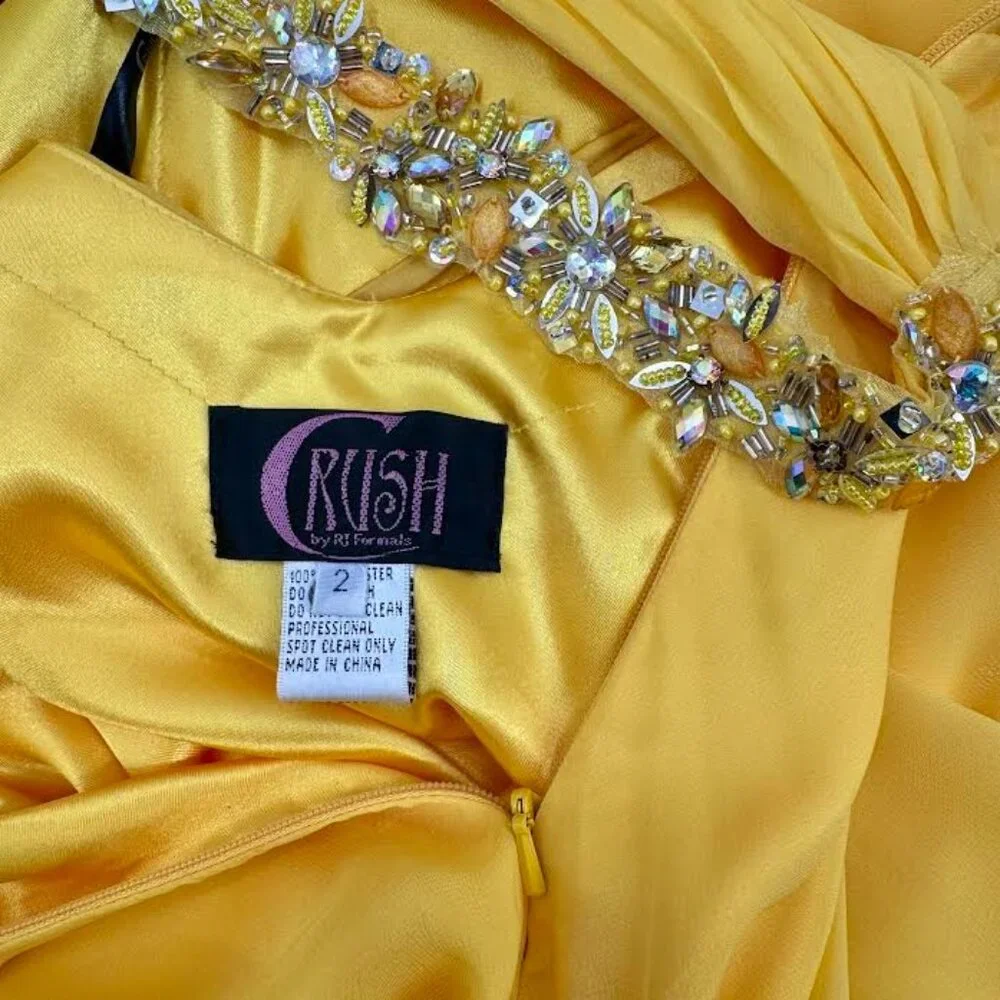 Sunshine Yellow Chiffon Draped Asymmetrical Strap Formal Gown - Picture 7 of 8